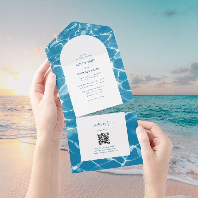 Invitation Tout En Un Aquarelle moderne Blue Ocean Beach Mariage (Modern Watercolor Blue Ocean Beach Wedding All In One Invitation)