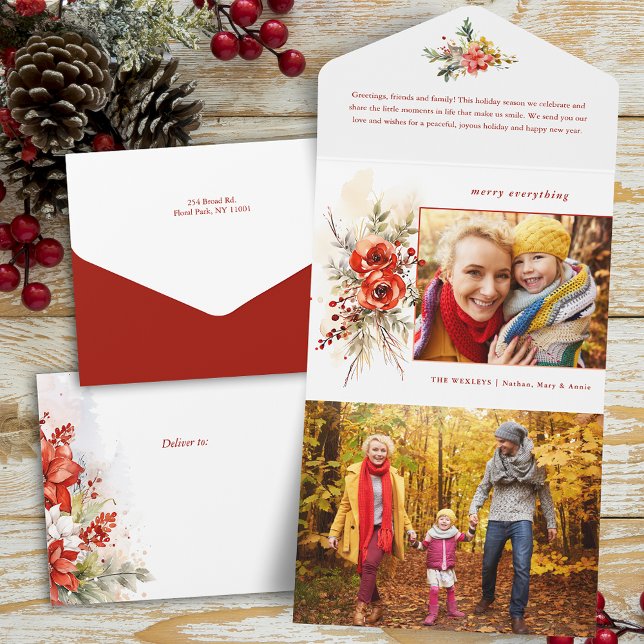 Invitation Tout En Un Aquarelle moderne chic Photo botanique de Noël (Créateur téléchargé)