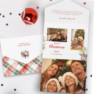 Invitation Tout En Un Aquarelle moderne Noël Botanique à deux photos