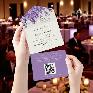 Invitation Tout En Un Aquarelle moderne Wisteria Purple Code QR Mariage