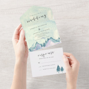 Invitation Tout En Un Aquarelle Montagnes et arbres Mariage