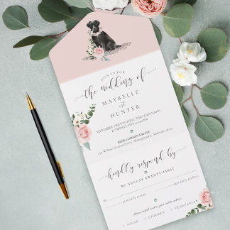 Invitation Tout En Un Aquarelle Noir Labrador Chien & Rose Florale Rose