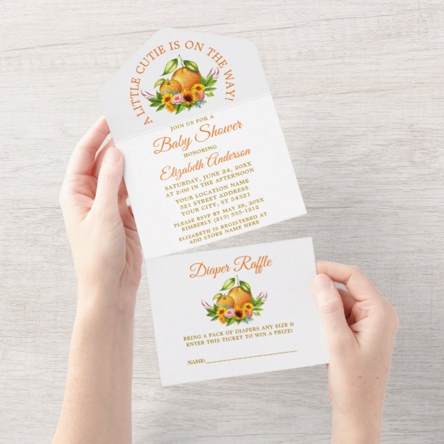 Invitation Tout En Un Aquarelle Oranges Floral Petite Cutie Douche (Déchirure)