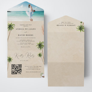 Invitation Tout En Un Aquarelle Palmiers Tropical Sable Beach Mariage