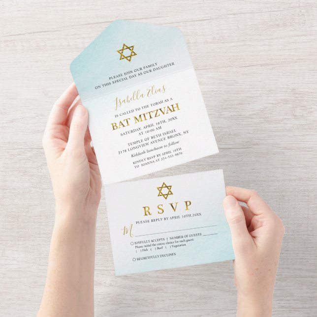 Invitation Tout En Un Aquarelle Pastel Blue Gold Bat mitzvah (Déchirure)