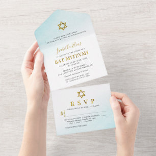 Invitation Tout En Un Aquarelle Pastel Blue Gold Bat mitzvah