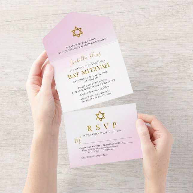 Invitation Tout En Un Aquarelle Pastel Pink Gold Bat mitzvah (Déchirure)