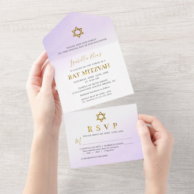Invitation Tout En Un Aquarelle Pastel Purple Gold Bat mitzvah (Déchirure)