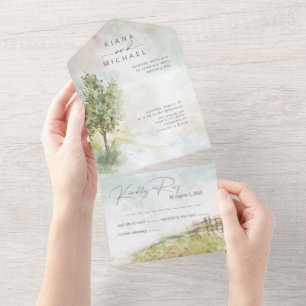 Invitation Tout En Un Aquarelle Paysage Mariage Sage Green ID786