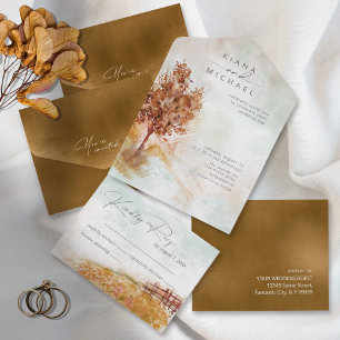 Invitation Tout En Un Aquarelle Paysage Mariage Tous Automne Gold ID786
