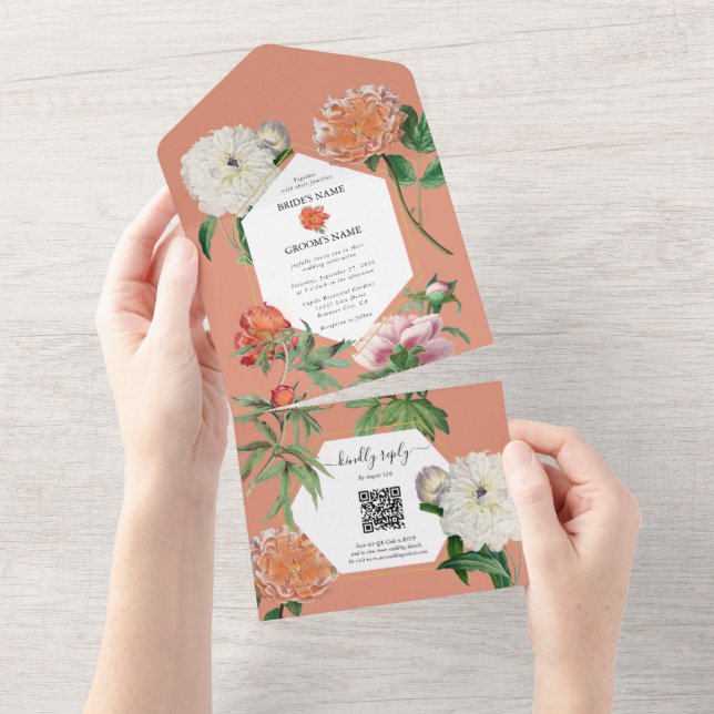Invitation Tout En Un Aquarelle Peach Pink Peonies Mariage (Déchirure)