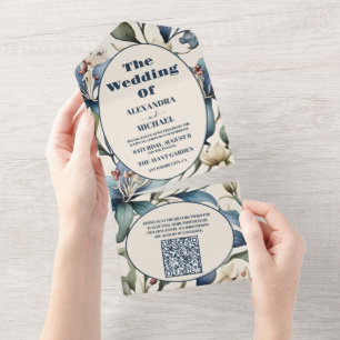 Invitation Tout En Un Aquarelle QR Code Floral William Morris Mariage
