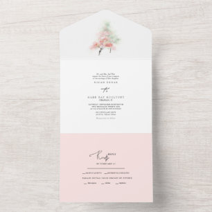Invitation Tout En Un Aquarelle Ressort Blush & Arbres verts Tout en un
