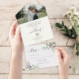 Invitation Tout En Un Aquarelle romantique Floral Greenery Mariage