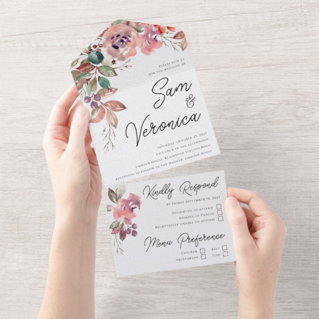 Invitation Tout En Un Aquarelle romantique Mauve Blush (Déchirure)