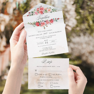 Invitation Tout En Un Aquarelle romantique Roses roses roses et calligra