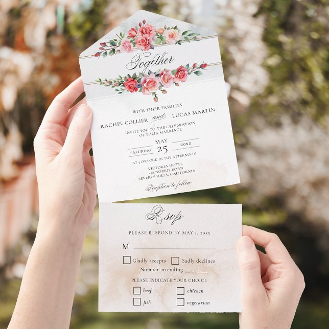 Invitation Tout En Un Aquarelle romantique Roses roses roses et calligra (Créateur téléchargé)