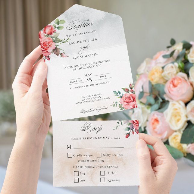 Invitation Tout En Un Aquarelle romantique Roses roses roses et calligra (Créateur téléchargé)