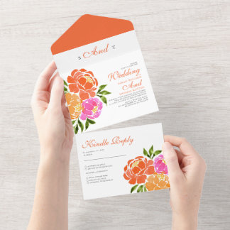 Invitation Tout En Un Aquarelle rose chaud Orange Floral Mariage Boho