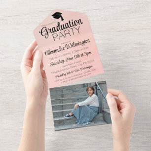 Invitation Tout En Un Aquarelle rose Deux Photos Graduation Party