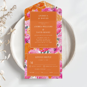 Invitation Tout En Un Aquarelle rose et orange Floral Mariage