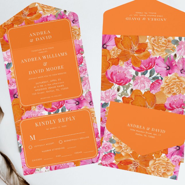 Invitation Tout En Un Aquarelle rose et orange Floral Mariage (Créateur téléchargé)