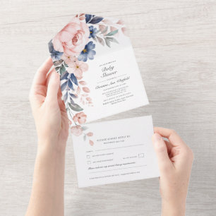 Invitation Tout En Un Aquarelle rose Floral Baby shower botanique