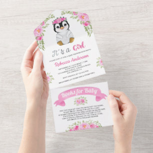 Invitation Tout En Un Aquarelle rose Floral Baby shower de pingouin