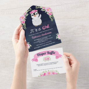 Invitation Tout En Un Aquarelle rose Floral Penguin Marine Baby shower