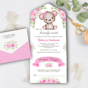Invitation Tout En Un Aquarelle rose Floral Teddy Bear Baby shower