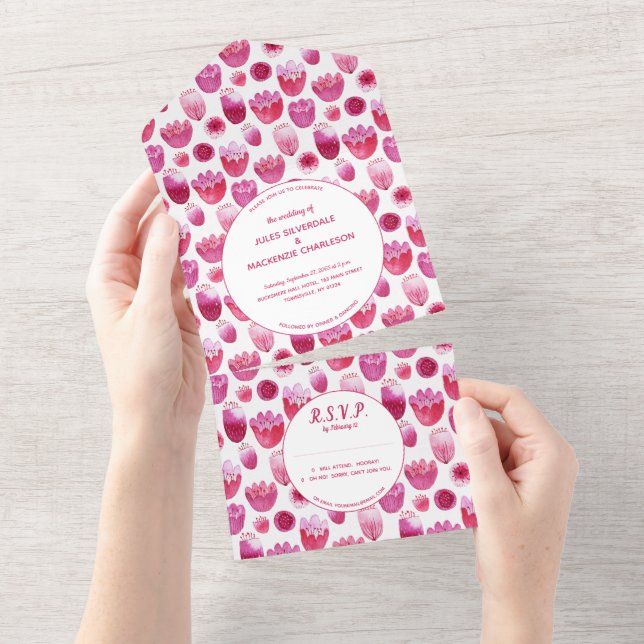 Invitation Tout En Un Aquarelle rose Mariage de motifs floraux (Déchirure)