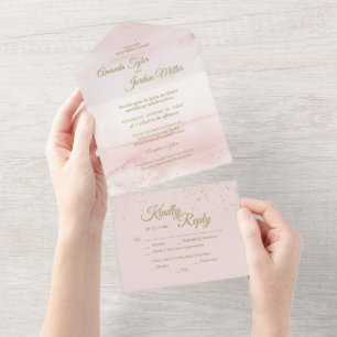 Invitation Tout En Un Aquarelle rose Mariage de type or