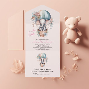 Invitation Tout En Un Aquarelle rose mignonne Air Balloon Elephant Baby