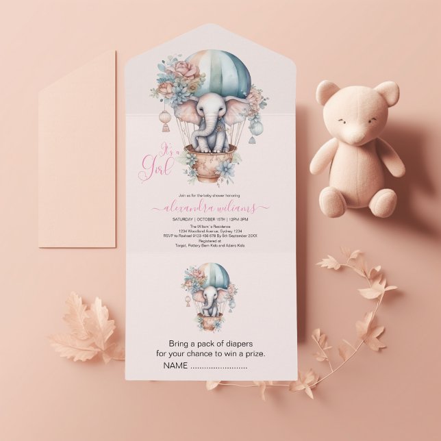 Invitation Tout En Un Aquarelle rose mignonne Air Balloon Elephant Baby  (Créateur téléchargé)