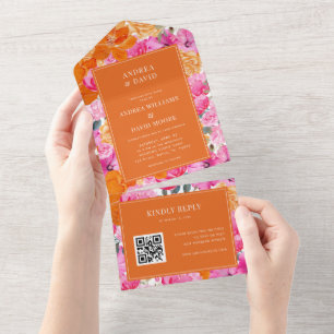 Invitation Tout En Un Aquarelle rose orange Floral QR Code Mariage