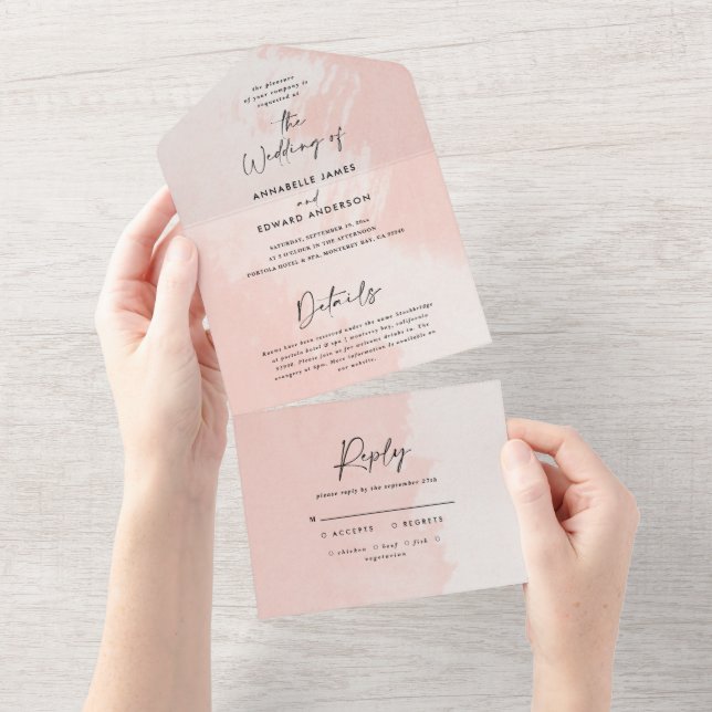 Invitation Tout En Un Aquarelle rose pâle et blanc mariage (Déchirure)