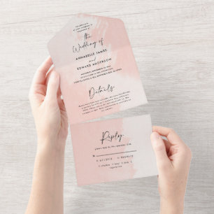 Invitation Tout En Un Aquarelle rose pâle et blanc mariage