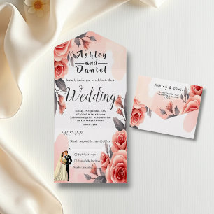 Invitation Tout En Un Aquarelle rose pâle Floral Bride & Mariage de cham