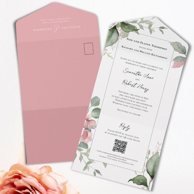 Invitation Tout En Un Aquarelle rose pâle Mariage Floral (Elegant blush pink floral and greenery all in one wedding invitations. )