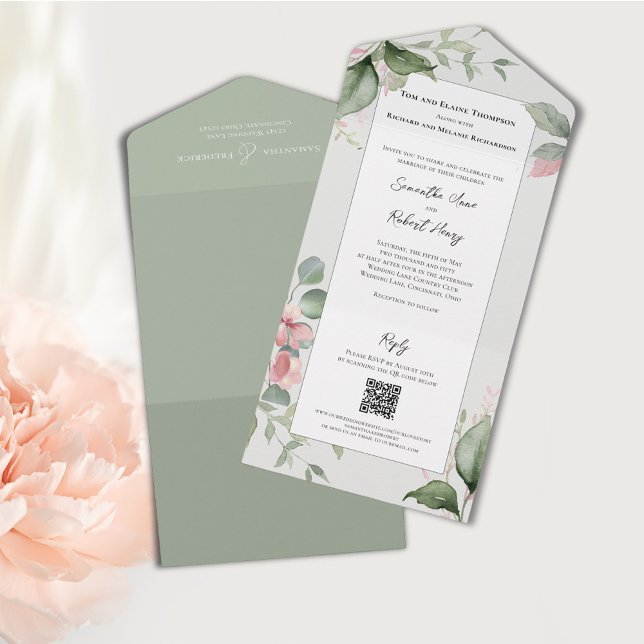 Invitation Tout En Un Aquarelle rose pâle Mariage Floral (Elegant pink floral all in one wedding invitations. )