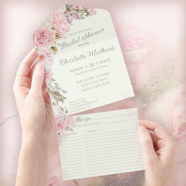 Invitation Tout En Un Aquarelle rose Rose Sage Fête des mariées verte (Pink Watercolor Roses Sage Green Bridal Shower All In One Invitation)