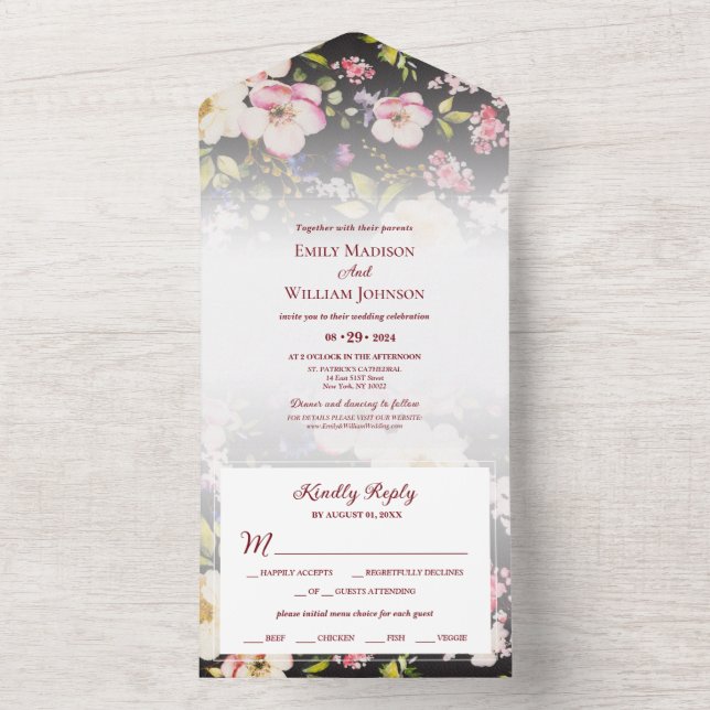 Invitation Tout En Un Aquarelle rose Roses jaunes, noir flou, Mariage (À l'intérieur)