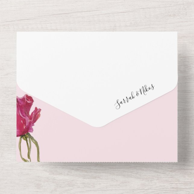 Invitation Tout En Un Aquarelle rose Roses rouges peinte à la main (Verso)