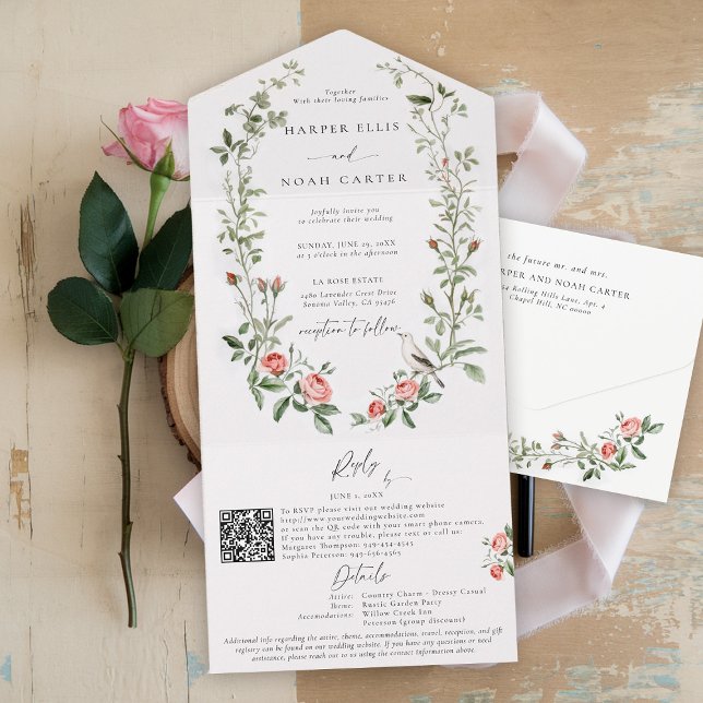 Invitation Tout En Un Aquarelle Rose Vines Oiseau Jardin Mariage élégant (watercolor wedding invitation french countryside cottage barn backyard all one rustic roses bird)