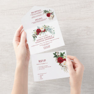 Invitation Tout En Un Aquarelle Roses rouges et blancs de Bourgogne tout
