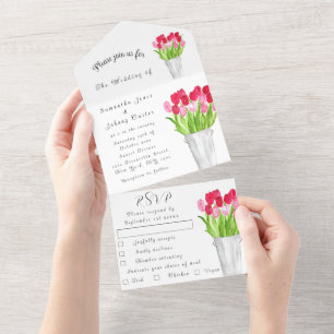 Invitation Tout En Un Aquarelle rouge Tulipes rose Noir printemps