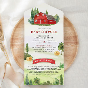 Invitation Tout En Un Aquarelle rustique Baby shower agricole Red Barnya