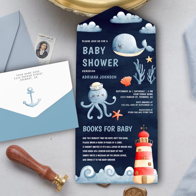 Invitation Tout En Un Aquarelle rustique Baby shower bleu marine (Créateur téléchargé)