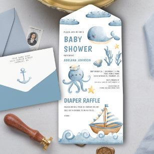 Invitation Tout En Un Aquarelle rustique Cute Baby shower nautique