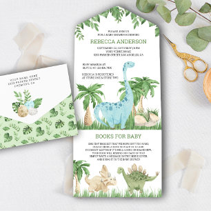Invitation Tout En Un Aquarelle rustique Jungle Cute Dinosaur Baby showe